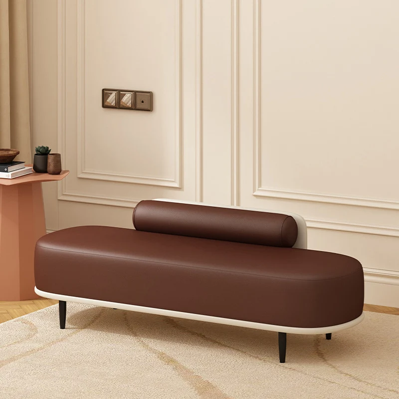 Contemporary Nordic Faux Leather Plywood Carbon Steel Oval Storage Bench With Backrest For Bedroom & Entryway