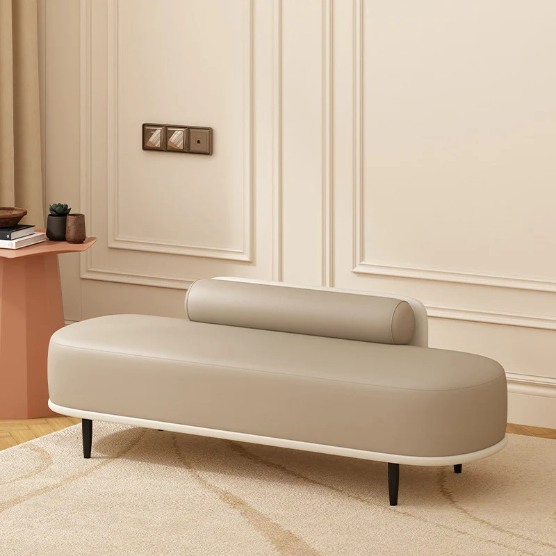 Contemporary Nordic Faux Leather Plywood Carbon Steel Oval Storage Bench With Backrest For Bedroom & Entryway
