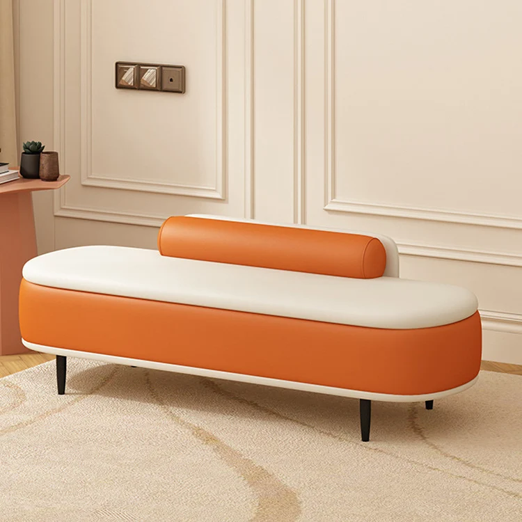 Contemporary Nordic Faux Leather Plywood Carbon Steel Oval Storage Bench With Backrest For Bedroom & Entryway