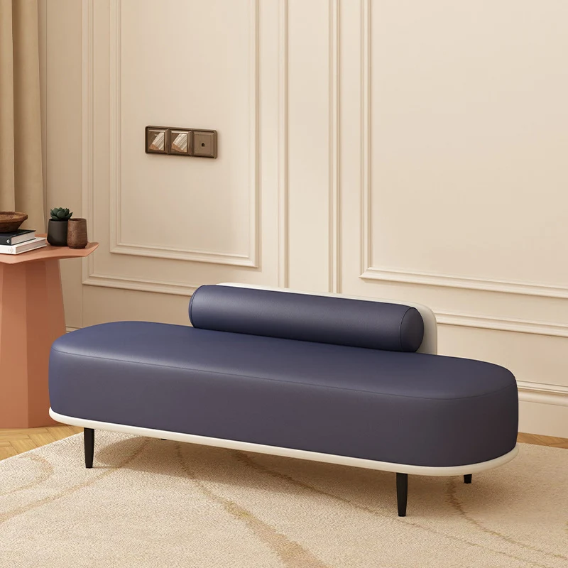 Contemporary Nordic Faux Leather Plywood Carbon Steel Oval Storage Bench With Backrest For Bedroom & Entryway