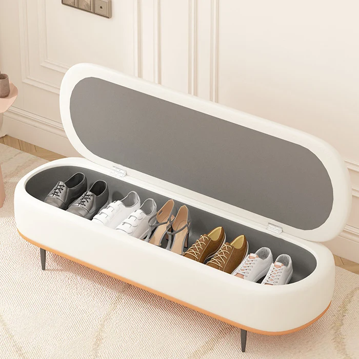 Contemporary Nordic Faux Leather Plywood Carbon Steel Oval Storage Bench With Backrest For Bedroom & Entryway