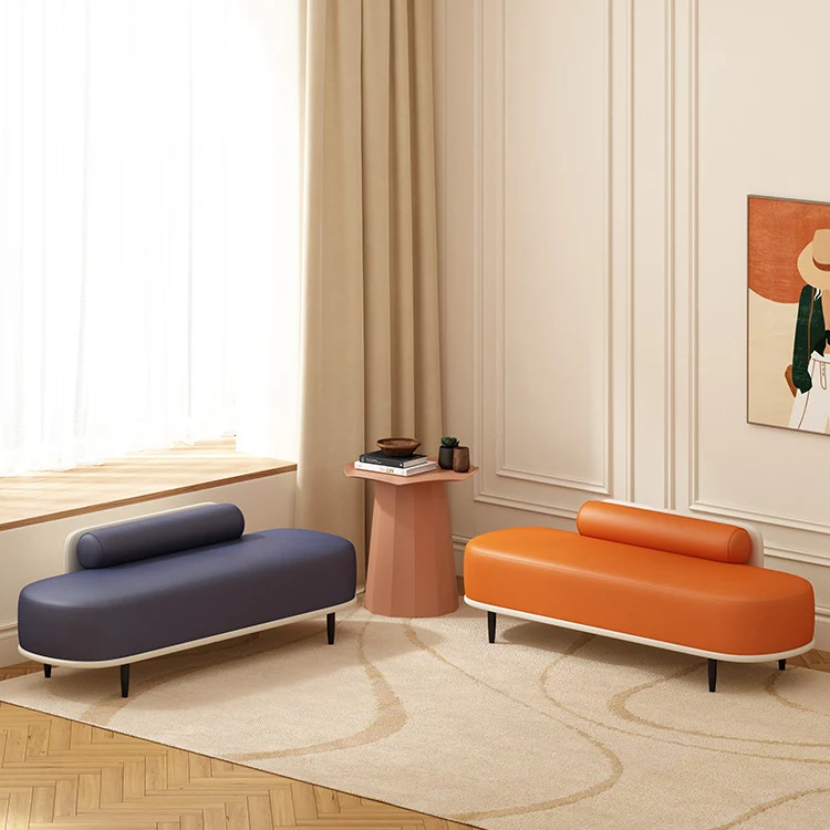 Contemporary Nordic Faux Leather Plywood Carbon Steel Oval Storage Bench With Backrest For Bedroom & Entryway