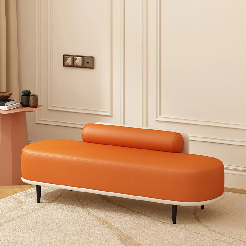 Contemporary Nordic Faux Leather Plywood Carbon Steel Oval Storage Bench With Backrest For Bedroom & Entryway