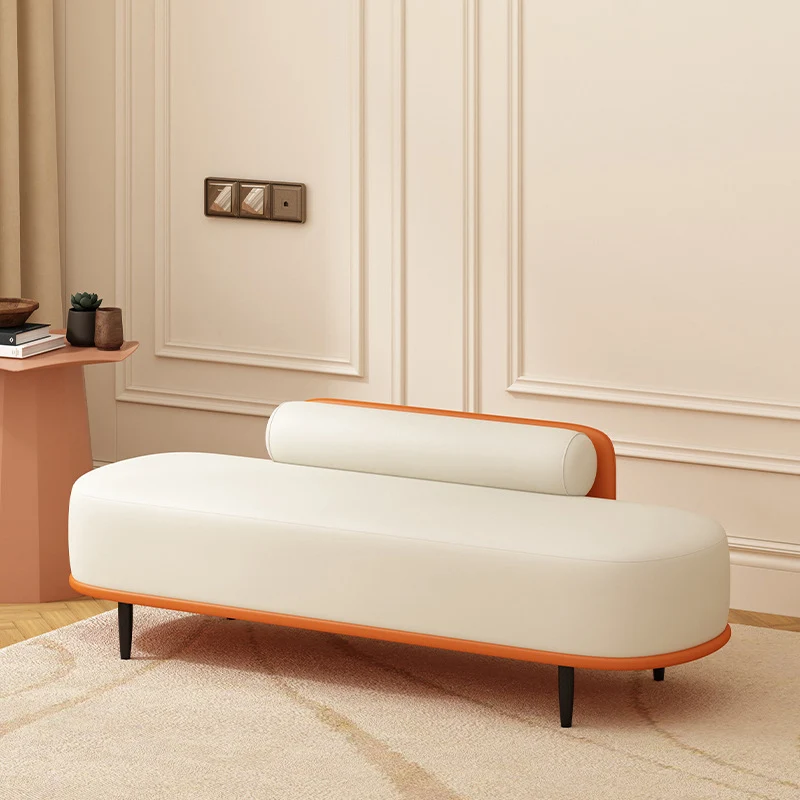 Contemporary Nordic Faux Leather Plywood Carbon Steel Oval Storage Bench With Backrest For Bedroom & Entryway