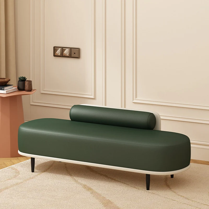 Contemporary Nordic Faux Leather Plywood Carbon Steel Oval Storage Bench With Backrest For Bedroom & Entryway