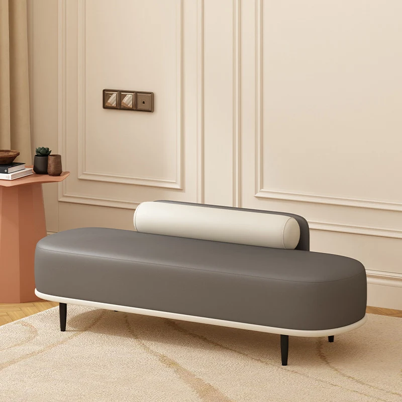 Contemporary Nordic Faux Leather Plywood Carbon Steel Oval Storage Bench With Backrest For Bedroom & Entryway