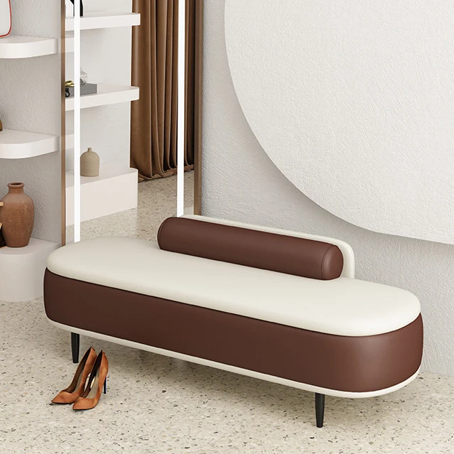 Contemporary Nordic Faux Leather Plywood Carbon Steel Oval Storage Bench With Backrest For Bedroom & Entryway