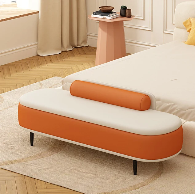 Contemporary Nordic Faux Leather Plywood Carbon Steel Oval Storage Bench With Backrest For Bedroom & Entryway