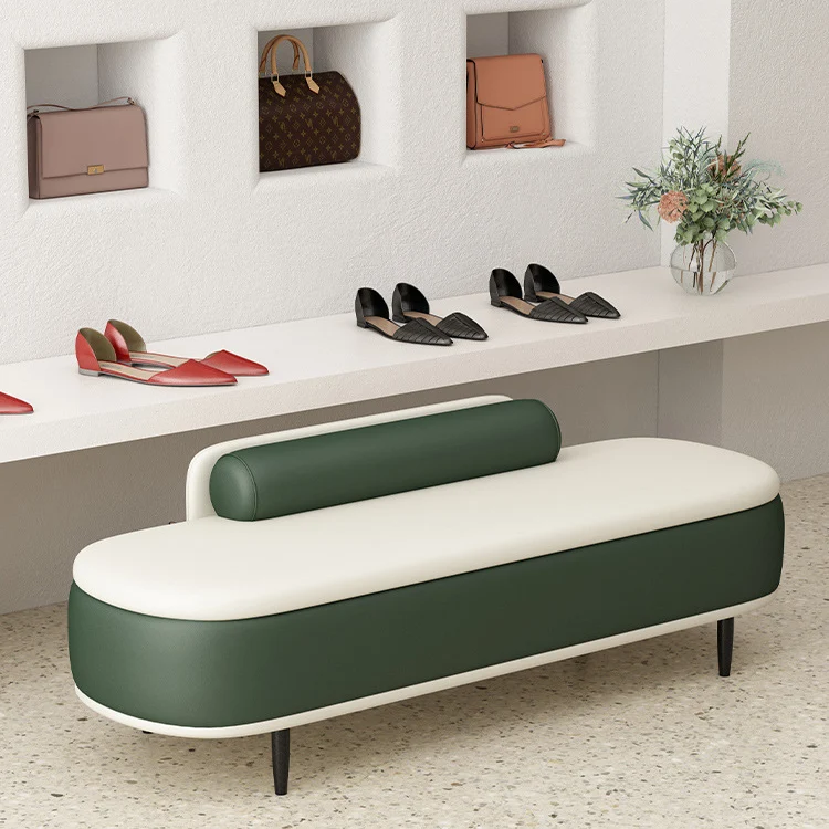 Contemporary Nordic Faux Leather Plywood Carbon Steel Oval Storage Bench With Backrest For Bedroom & Entryway