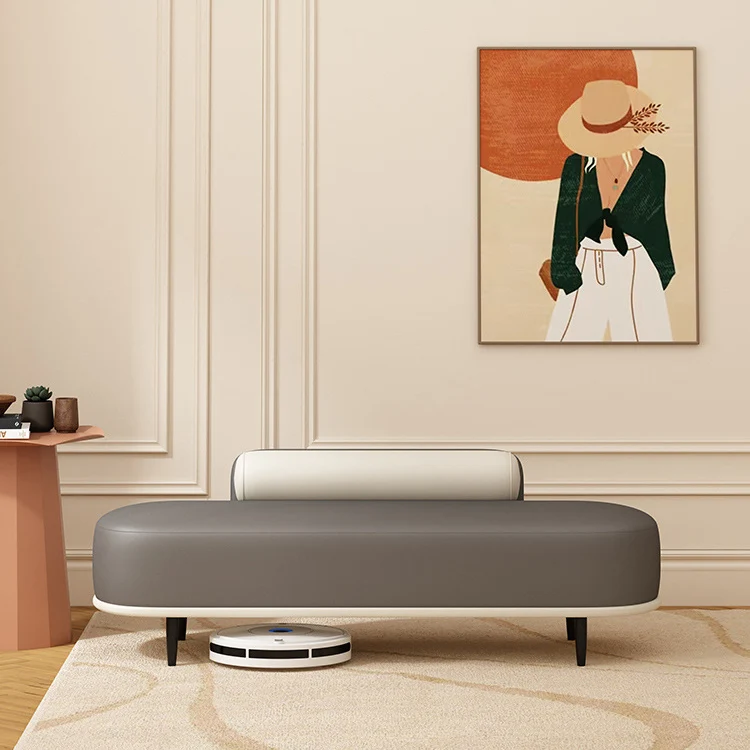 Contemporary Nordic Faux Leather Plywood Carbon Steel Oval Storage Bench With Backrest For Bedroom & Entryway
