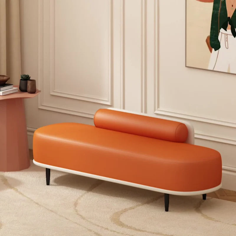 Contemporary Nordic Faux Leather Plywood Carbon Steel Oval Storage Bench With Backrest For Bedroom & Entryway