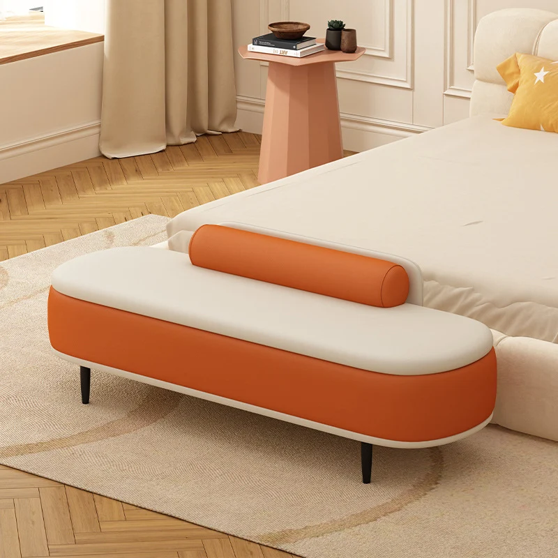 Contemporary Nordic Faux Leather Plywood Carbon Steel Oval Storage Bench With Backrest For Bedroom & Entryway