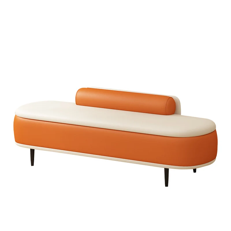 Contemporary Nordic Faux Leather Plywood Carbon Steel Oval Storage Bench With Backrest For Bedroom & Entryway