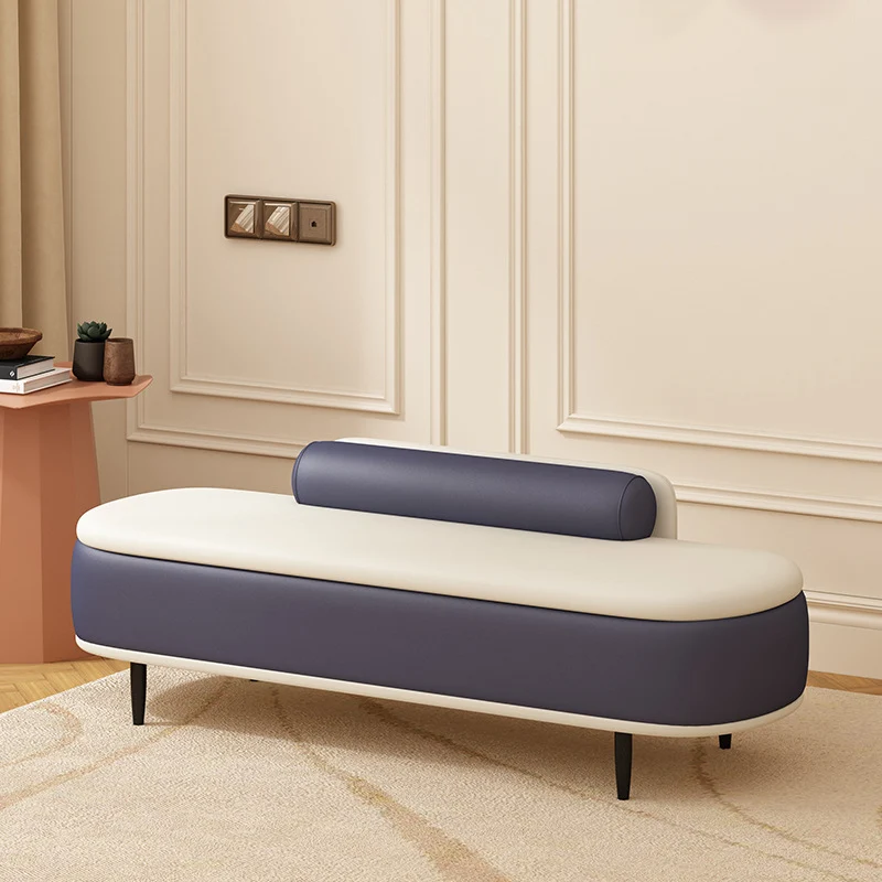 Contemporary Nordic Faux Leather Plywood Carbon Steel Oval Storage Bench With Backrest For Bedroom & Entryway