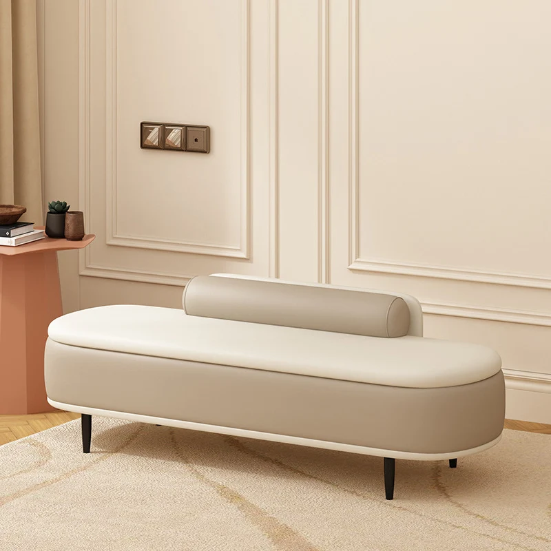 Contemporary Nordic Faux Leather Plywood Carbon Steel Oval Storage Bench With Backrest For Bedroom & Entryway