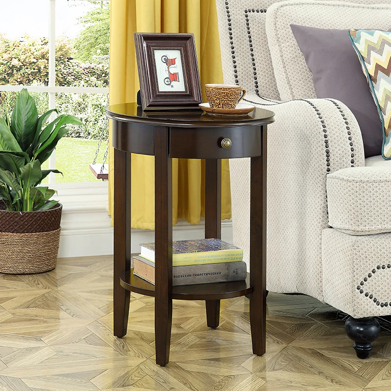 Traditional Chinese MDF Beech Wood Round End Table With 1-Drawer And 2-Tier For Living Room