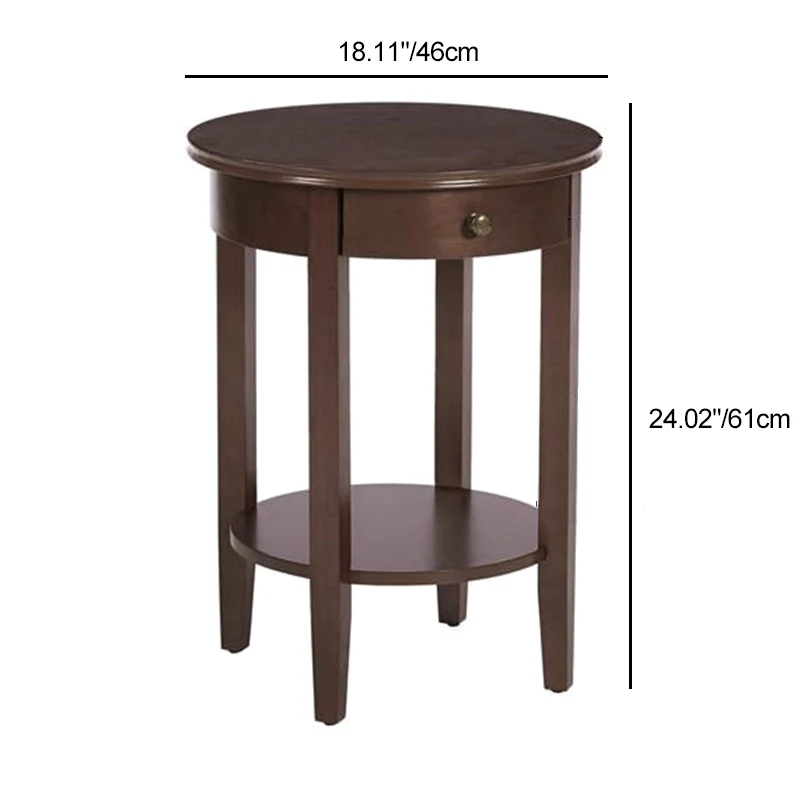 Traditional Chinese MDF Beech Wood Round End Table With 1-Drawer And 2-Tier For Living Room