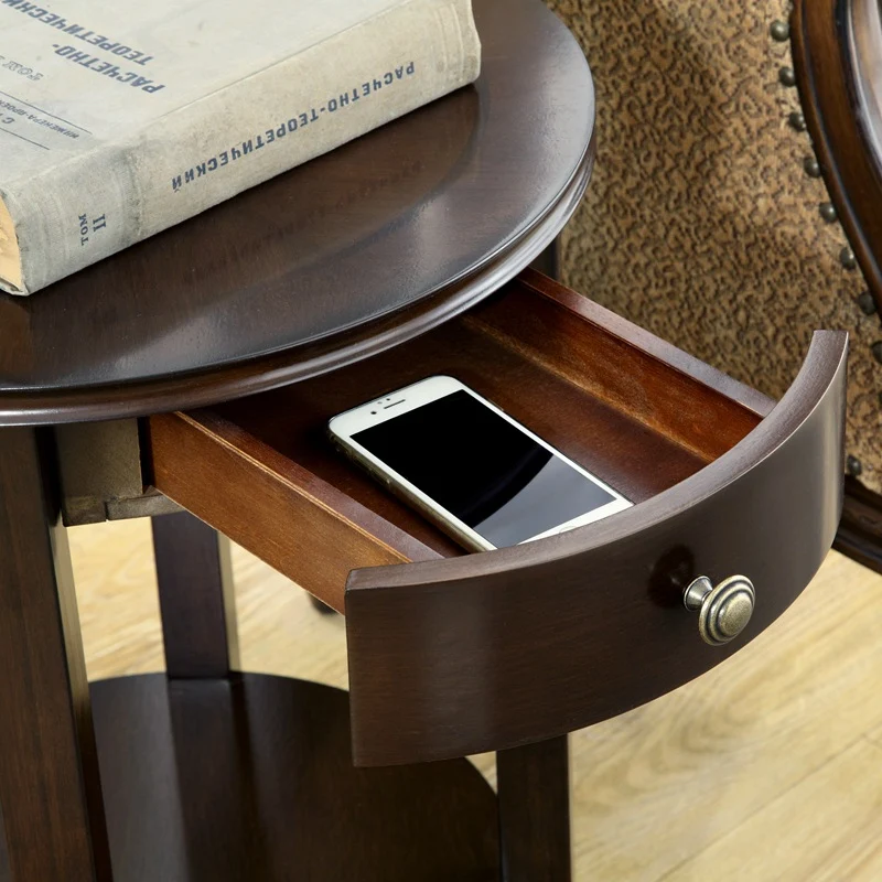 Traditional Chinese MDF Beech Wood Round End Table With 1-Drawer And 2-Tier For Living Room