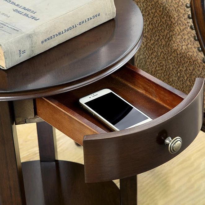 Traditional Chinese MDF Beech Wood Round End Table With 1-Drawer And 2-Tier For Living Room