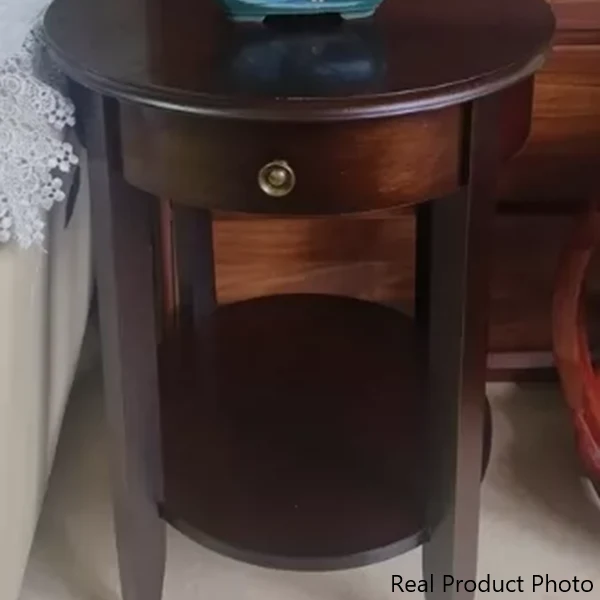 Traditional Chinese MDF Beech Wood Round End Table With 1-Drawer And 2-Tier For Living Room