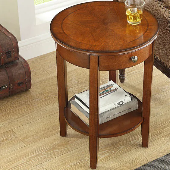 Traditional Chinese MDF Beech Wood Round End Table With 1-Drawer And 2-Tier For Living Room
