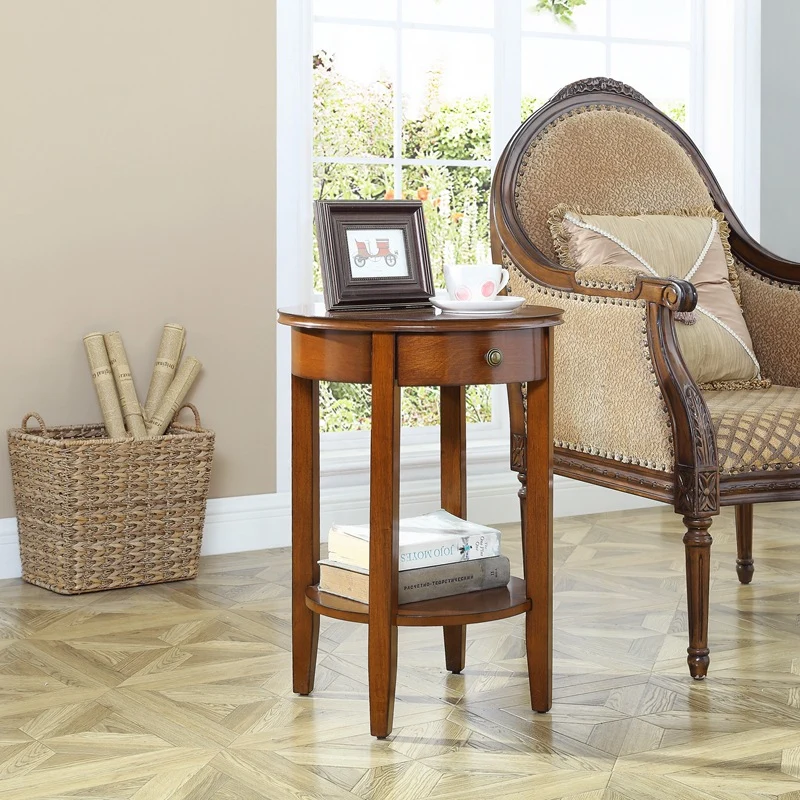 Traditional Chinese MDF Beech Wood Round End Table With 1-Drawer And 2-Tier For Living Room