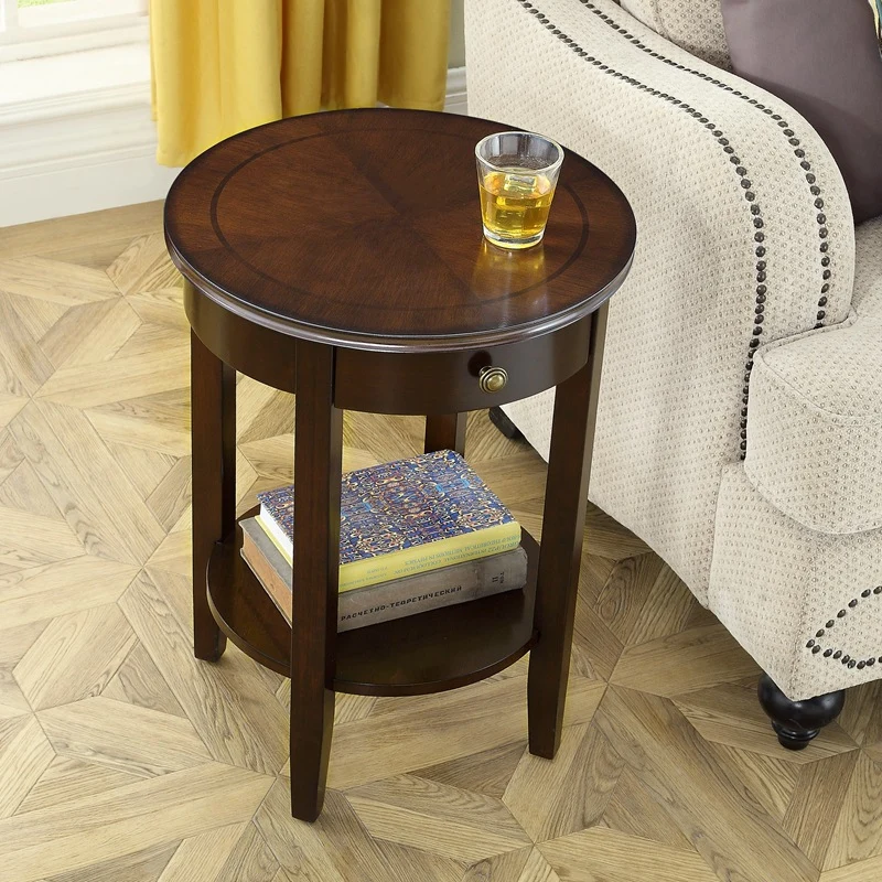 Traditional Chinese MDF Beech Wood Round End Table With 1-Drawer And 2-Tier For Living Room