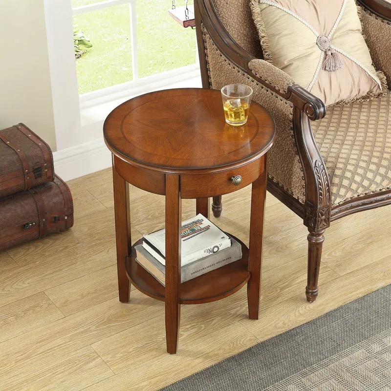 Traditional Chinese MDF Beech Wood Round End Table With 1-Drawer And 2-Tier For Living Room