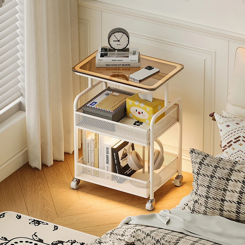 Modern Minimalist Iron Tempered Glass Rectangular End Table With 3-Tier And Mobility For Living Room