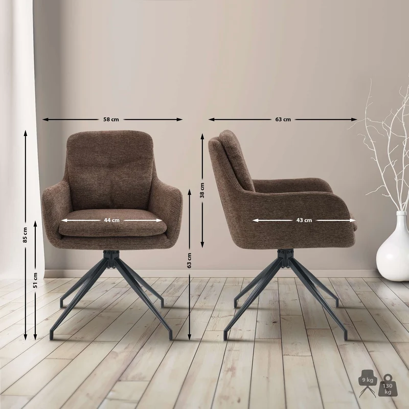 Chaise de salle à manger x1 fonction pivotante confortable et moderne en tissu marron cadre métal 10_0007531
