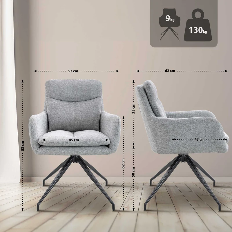Lot de 2 chaises de salle à manger avec accoudoirs assise fonction pivotante en tissu gris clair 10_0007826