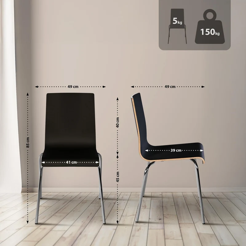 Chaise de cuisine salle à manger x1 design simple en bois noir et acier chromé brillant 10_0007745