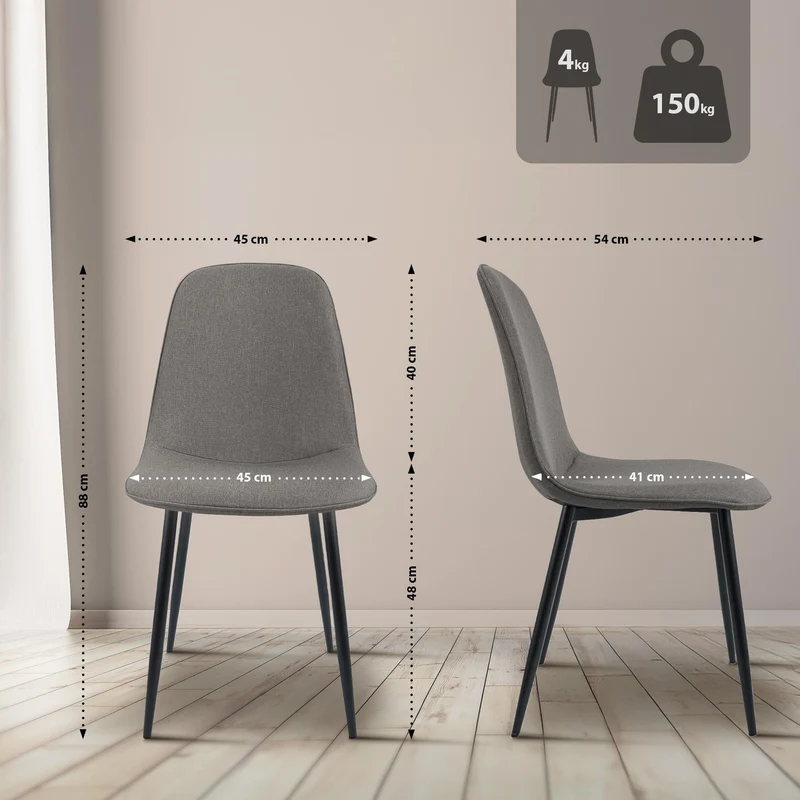 Chaise de salle à manger x1 élégante et minimaliste en tissu gris clair cadre en métal noir 10_0007640