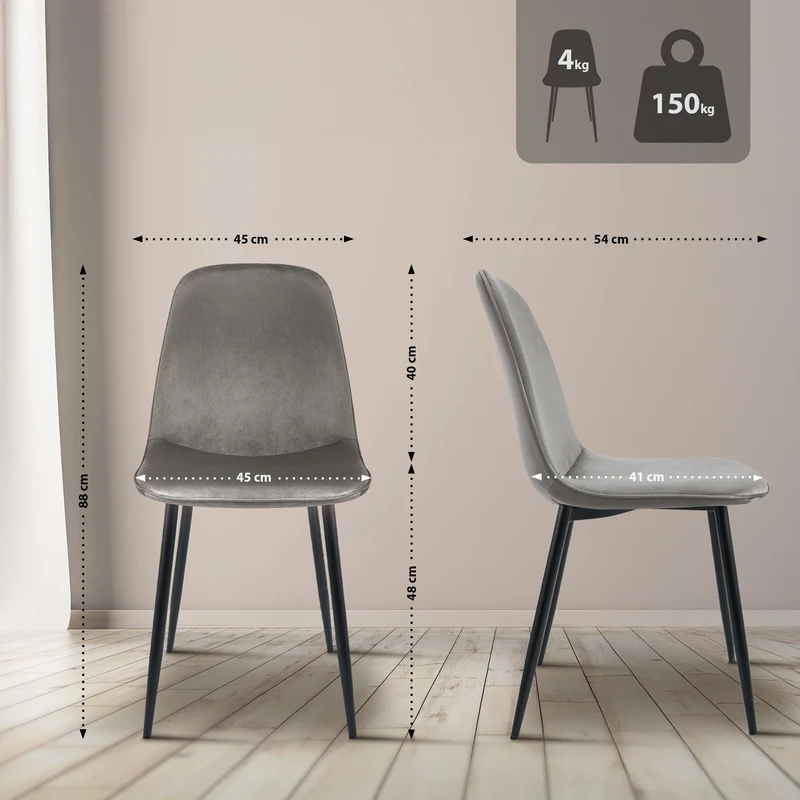 Lot de 2 chaises de salle à manger élégantes et minimalistes en velours gris clair cadre en métal noir 10_0007530