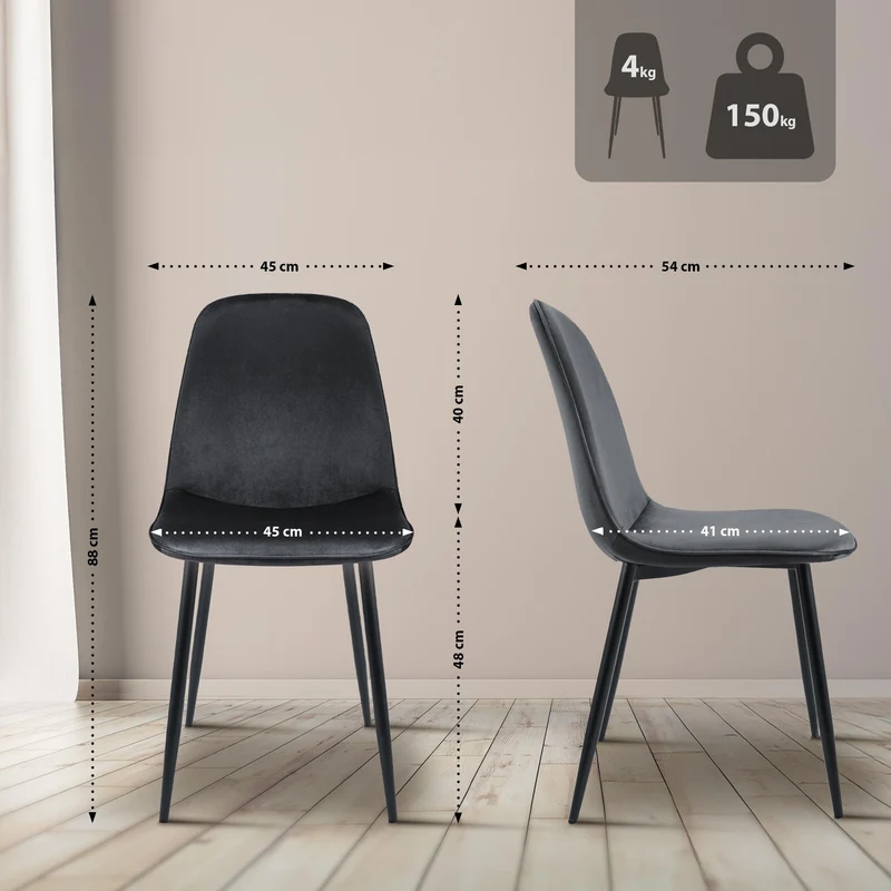 Lot de 2 chaises de salle à manger élégantes et minimalistes en velours gris foncé cadre en métal noir 10_0007411