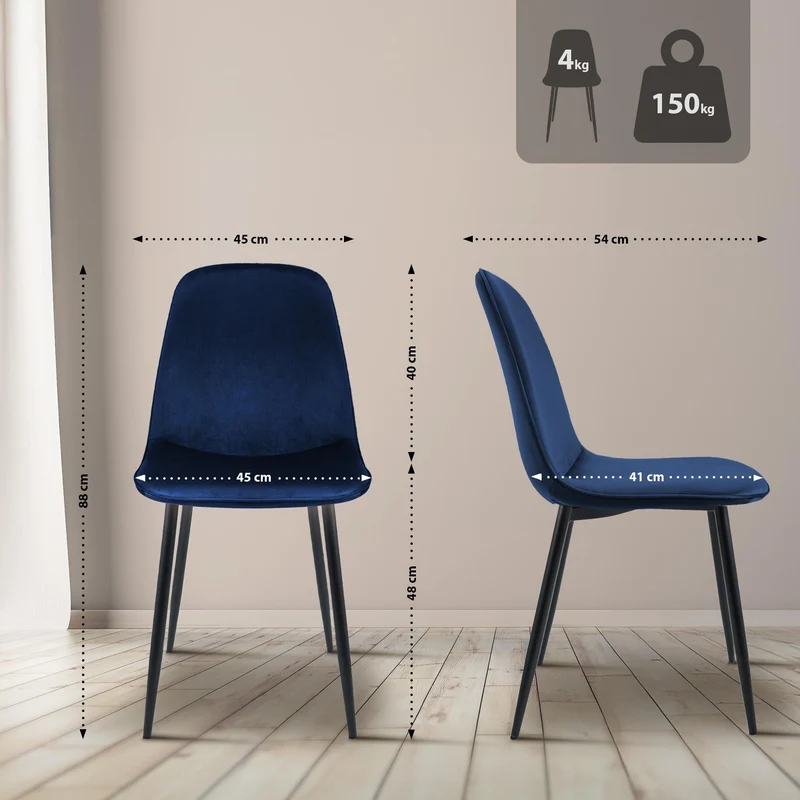 Lot de 2 chaises de salle à manger élégantes et minimalistes en velours bleu foncé cadre en métal noir 10_0007405