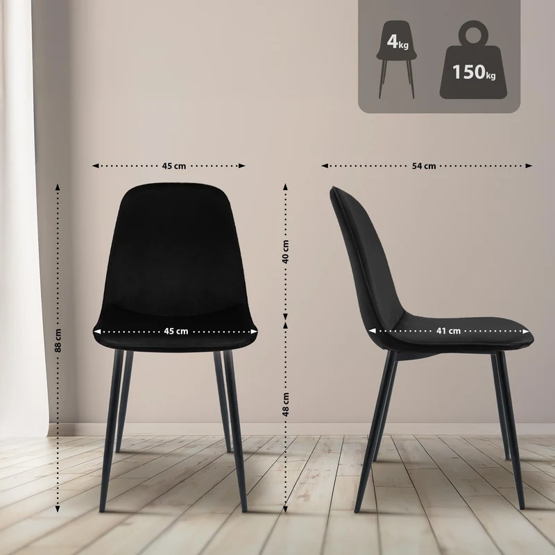Lot de 2 chaises de salle à manger élégantes et minimalistes en velours noir cadre en métal noir 10_0007375