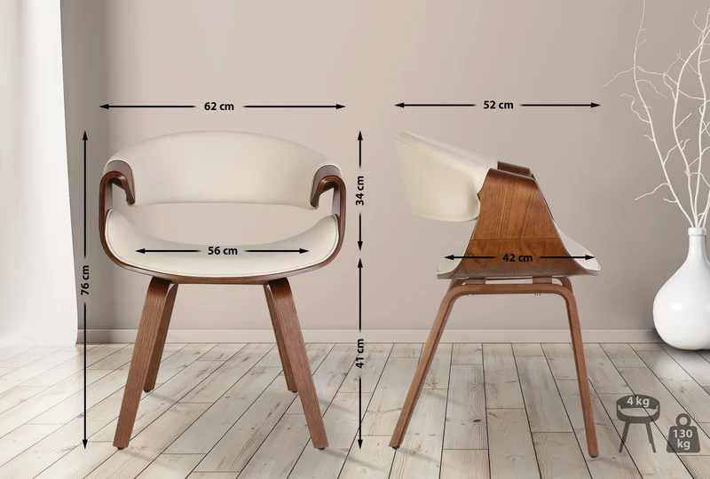 Chaise de salle à manger x1 avec accoudoirs design rétro en PVC crème et bois marron 10_0007841