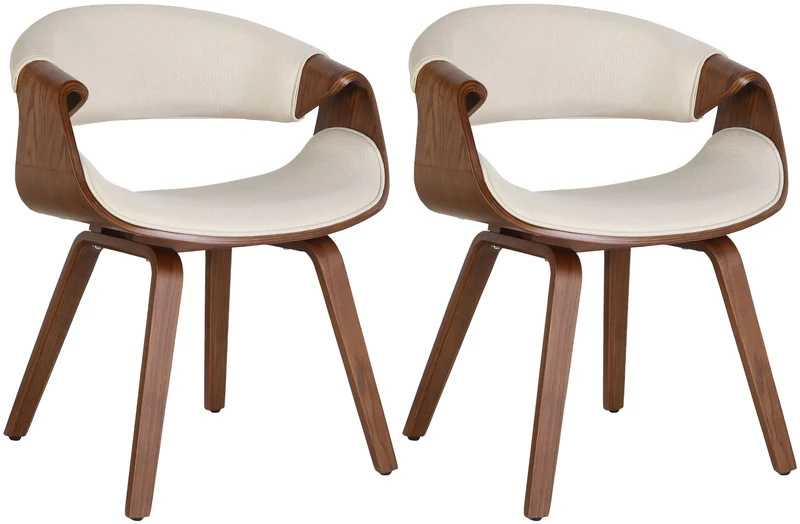 Lot de 2 chaises de salle à manger avec accoudoirs design rétro en tissu crème et bois marron 10_0007666