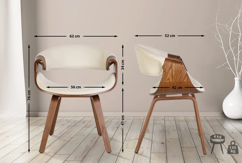 Lot de 2 chaises de salle à manger avec accoudoirs design rétro en tissu crème et bois marron 10_0007666