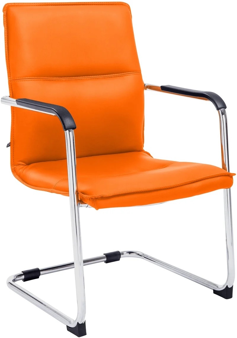 Chaise de bureau fauteuil visiteur avec accoudoirs en PVC orange et métal aspect chromé 10_0007834