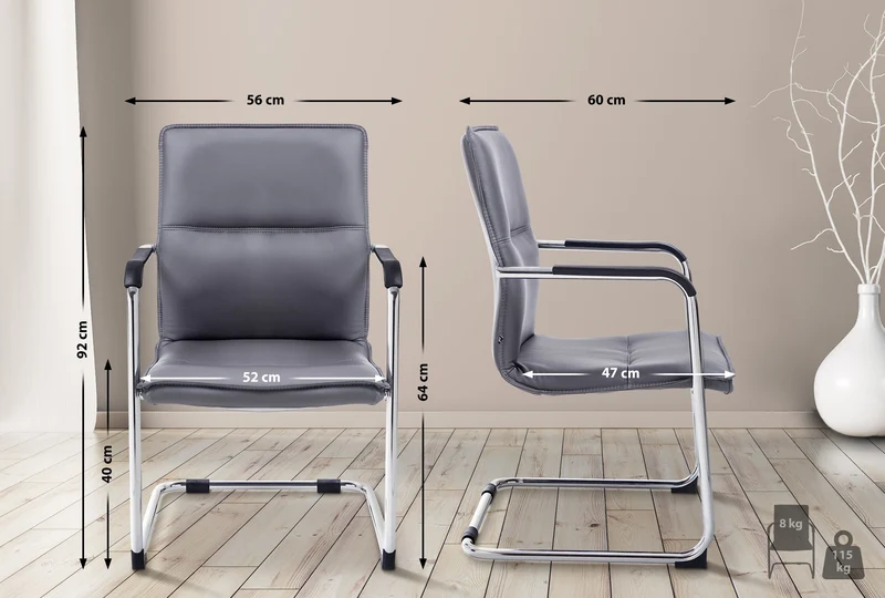 Chaise de bureau fauteuil visiteur avec accoudoirs en PVC gris et métal aspect chromé 10_0007297