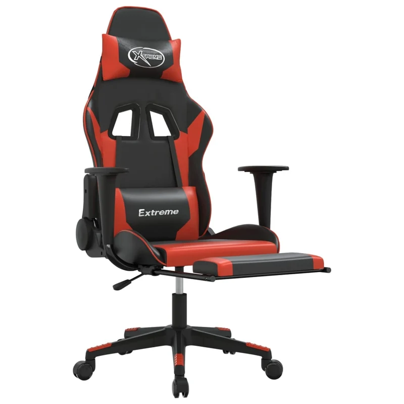 Fauteuil de bureau chaise gaming avec coussin lombaire et repose-pieds noir rouge PVC DEC025885