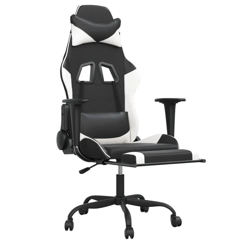 Fauteuil de bureau chaise gaming avec coussin lombaire avec repose-pieds en PVC noir et blanc DEC025851