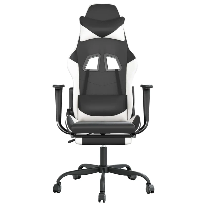 Fauteuil de bureau chaise gaming avec coussin lombaire avec repose-pieds en PVC noir et blanc DEC025851