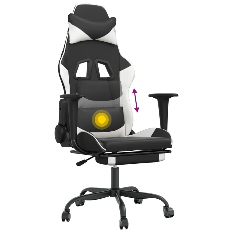 Fauteuil de bureau chaise gaming avec coussin lombaire avec repose-pieds en PVC noir et blanc DEC025851