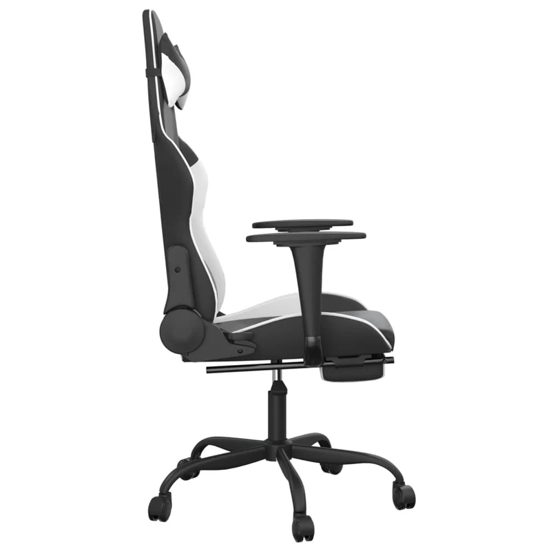 Fauteuil de bureau chaise gaming sur roulettes avec repose-pieds en PVC noir et blanc DEC025748