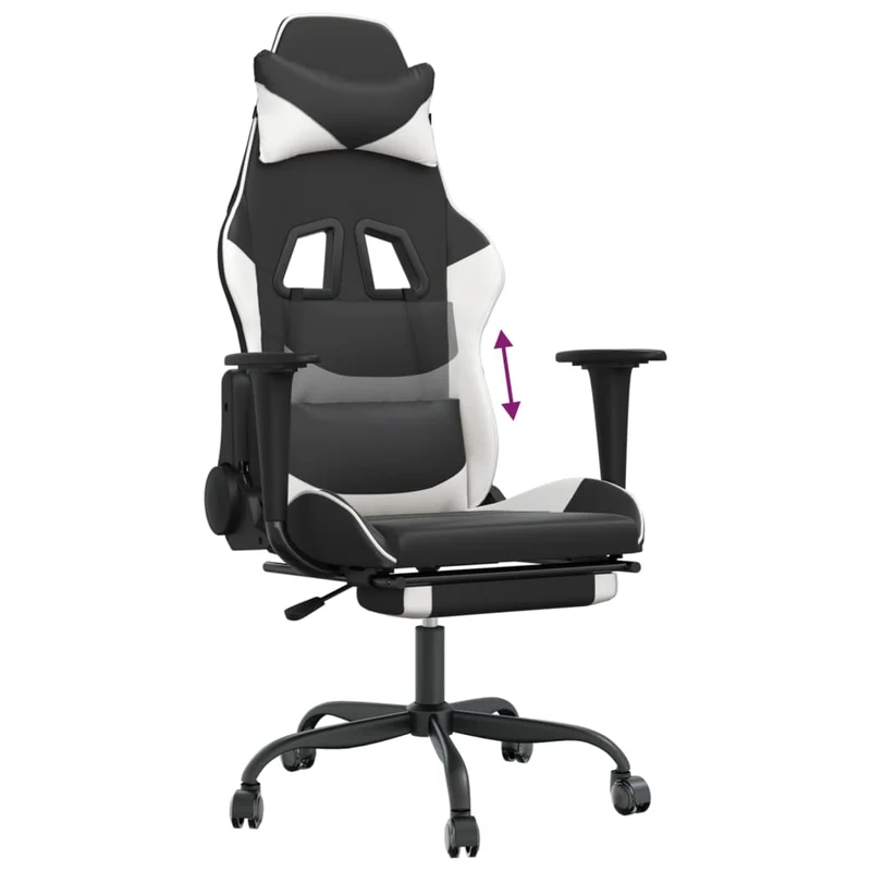 Fauteuil de bureau chaise gaming sur roulettes avec repose-pieds en PVC noir et blanc DEC025748