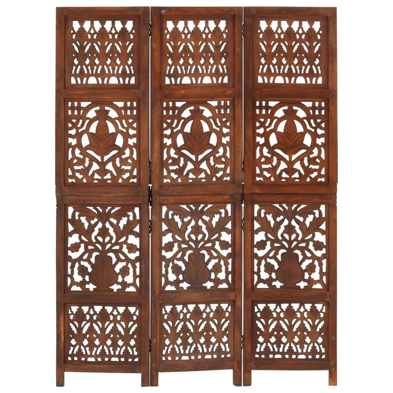 Paravent séparateur de pièce cloison 3 panneaux motifs sculptés à la main 120 x 165cm bois manguier marron DEC030772