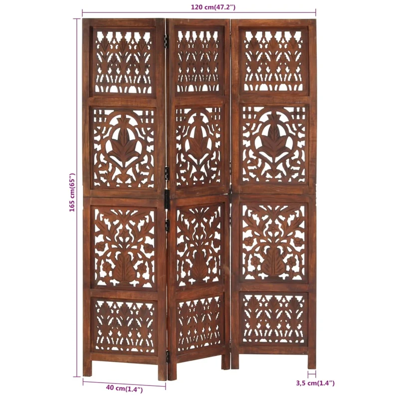 Paravent séparateur de pièce cloison 3 panneaux motifs sculptés à la main 120 x 165cm bois manguier marron DEC030772